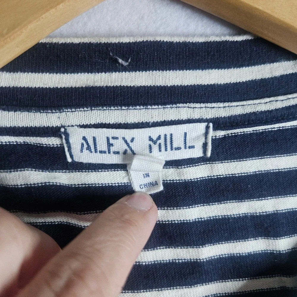 Alex Mill Mens Large Striped Henley Shirt Navy Blue White Cotton Long Sleeve L